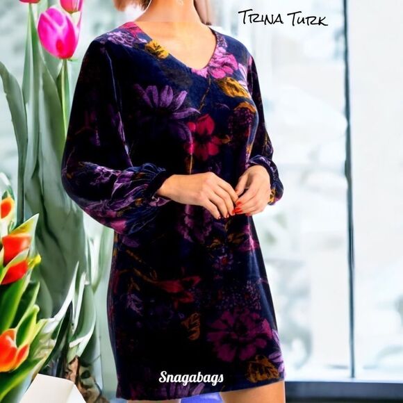 TRINA TURK NWT ECLAIR FLORAL PRINT VELOUR SILK DRESS MEDIUM - Picture 1 of 11